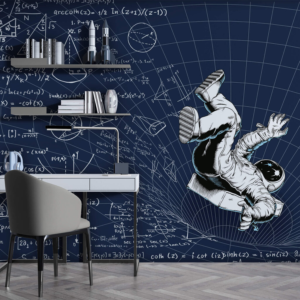 Homme en combinaison spatiale tombant sur un tableau avec des équations mathématiques Homme en combinaison spatiale tombant sur un tableau avec des équations mathématiques