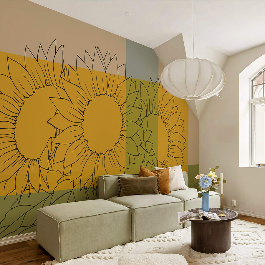 Peintures murales Groupe de tournesols avec feuilles