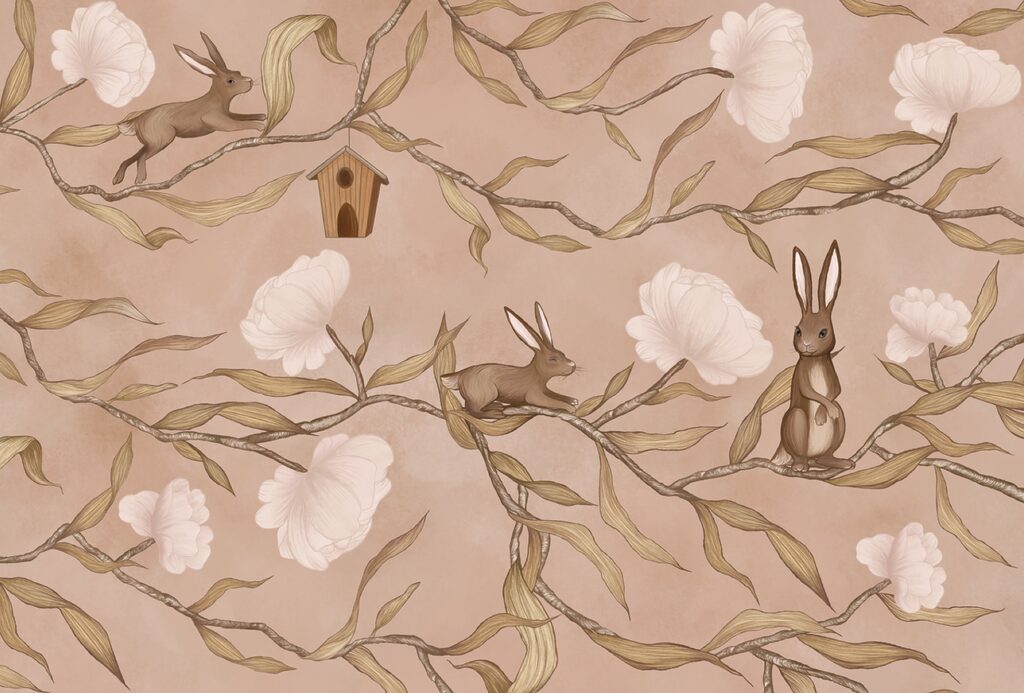 Papier peint avec des lapins et des fleurs Papier peint avec des lapins et des fleurs