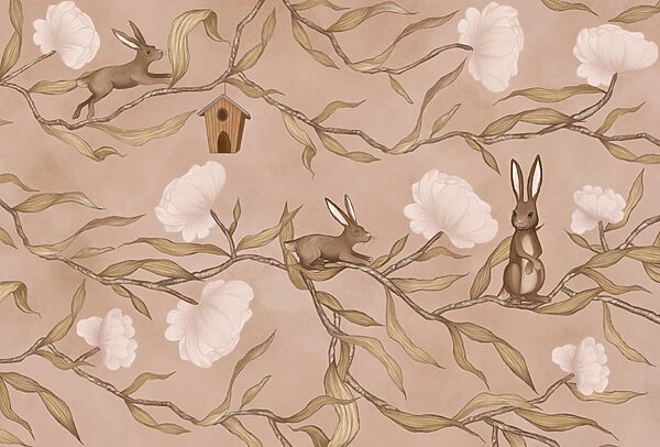 Papier peint avec des lapins et des fleurs Papier peint avec des lapins et des fleurs