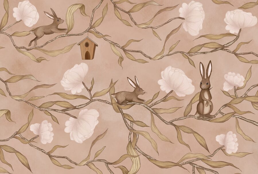Papier peint avec des lapins et des fleurs