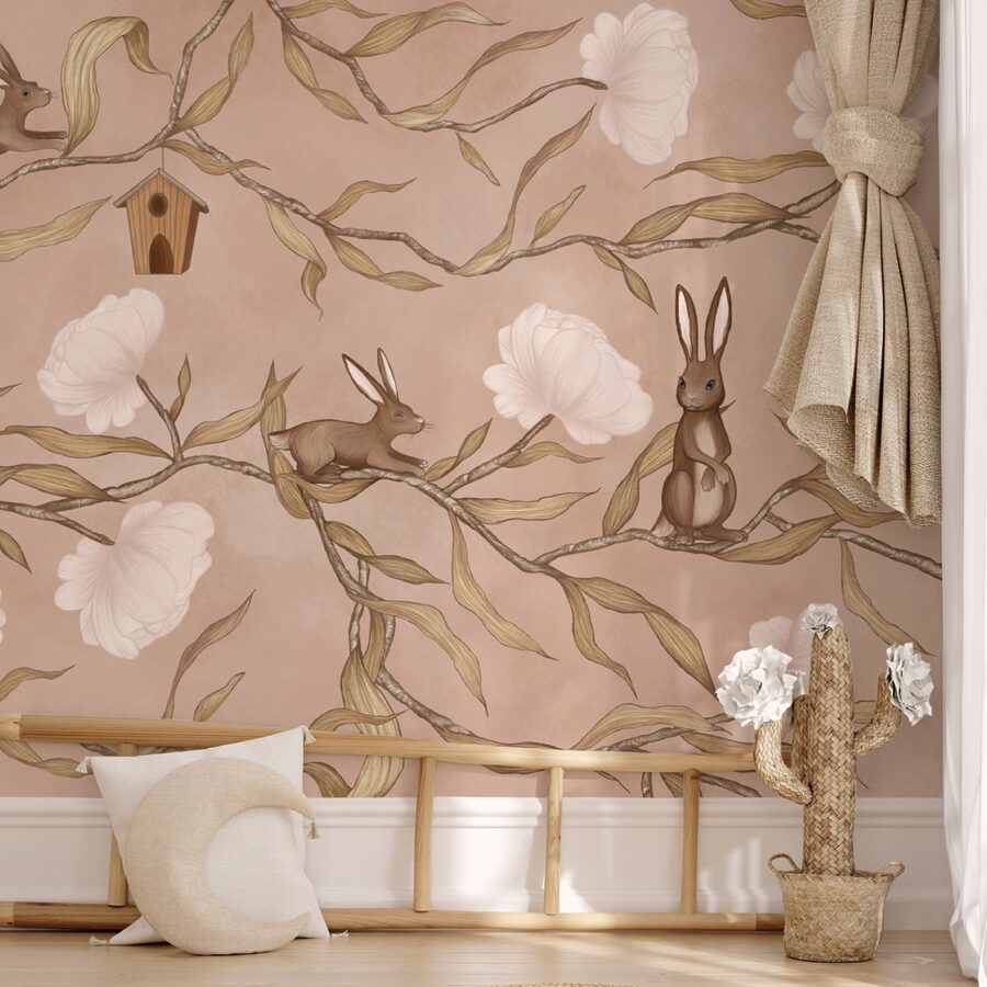 Papier peint avec des lapins et des fleurs