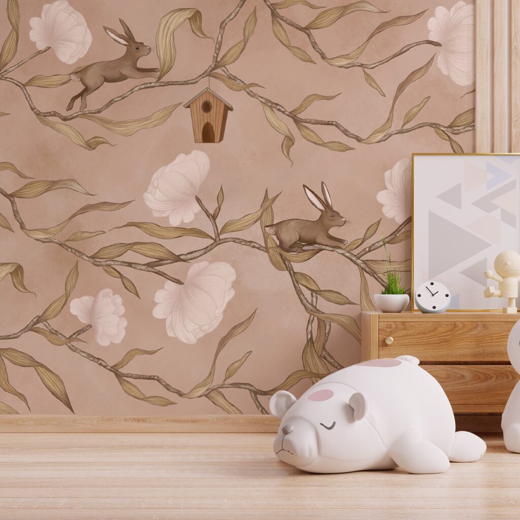 Papier peint avec des lapins et des fleurs Papier peint avec des lapins et des fleurs