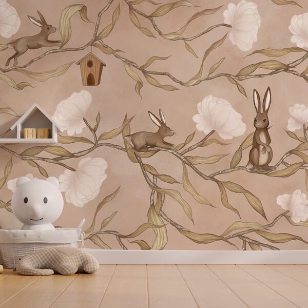 Papier peint avec des lapins et des fleurs Papier peint avec des lapins et des fleurs