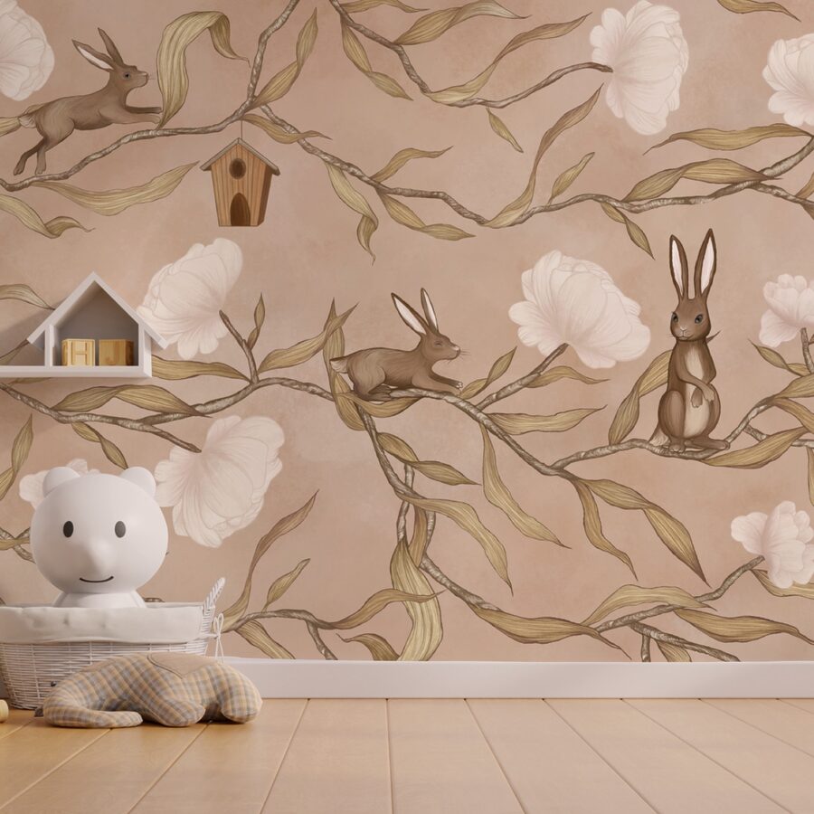 Papier peint avec des lapins et des fleurs