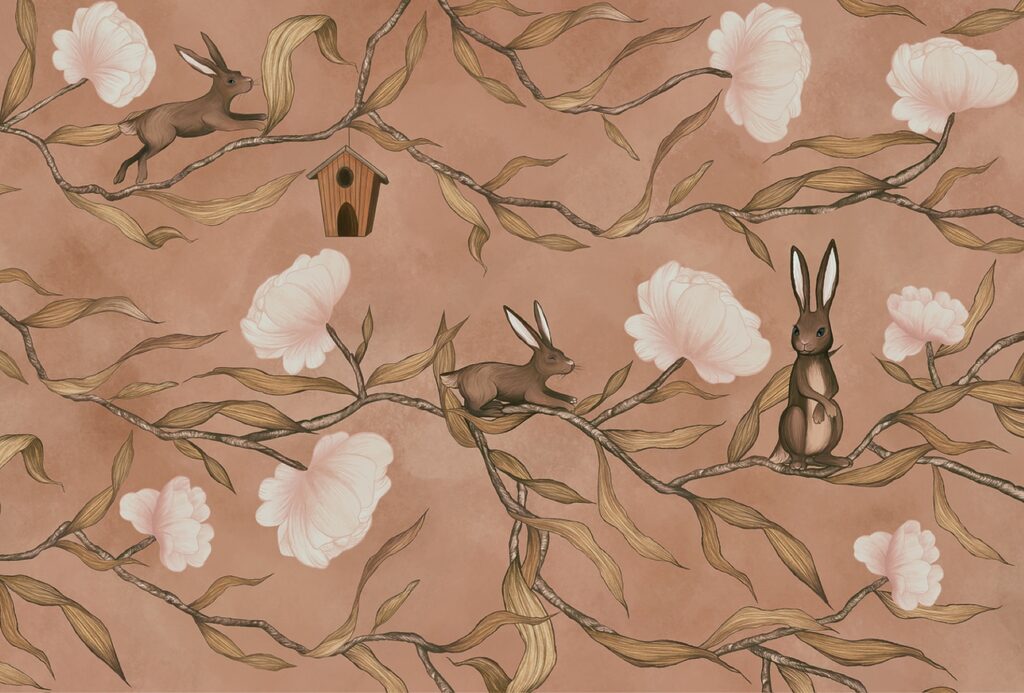 Papier peint avec des lapins et des fleurs Papier peint avec des lapins et des fleurs