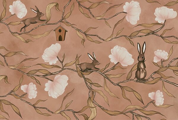 Papier peint avec des lapins et des fleurs Papier peint avec des lapins et des fleurs