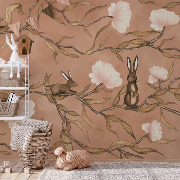 Papier peint avec des lapins et des fleurs Papier peint avec des lapins et des fleurs