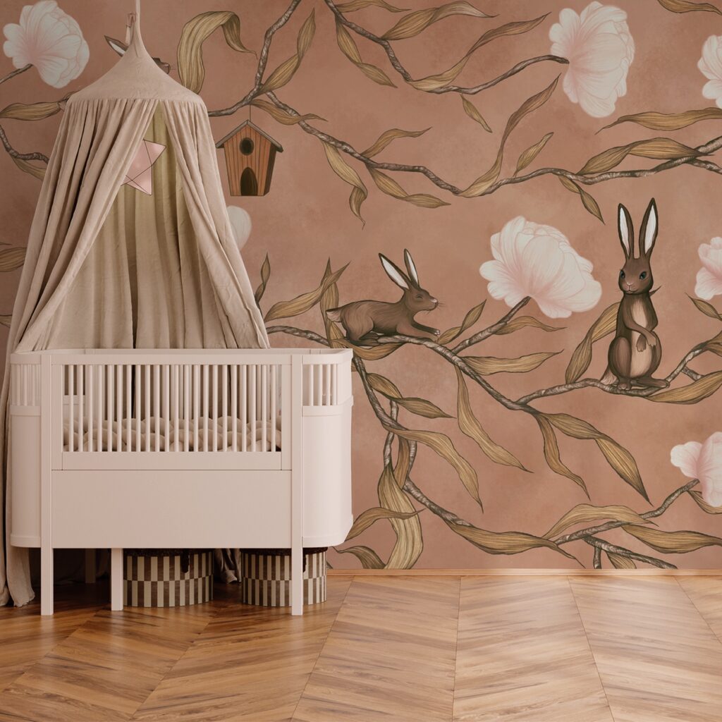 Papier peint avec des lapins et des fleurs