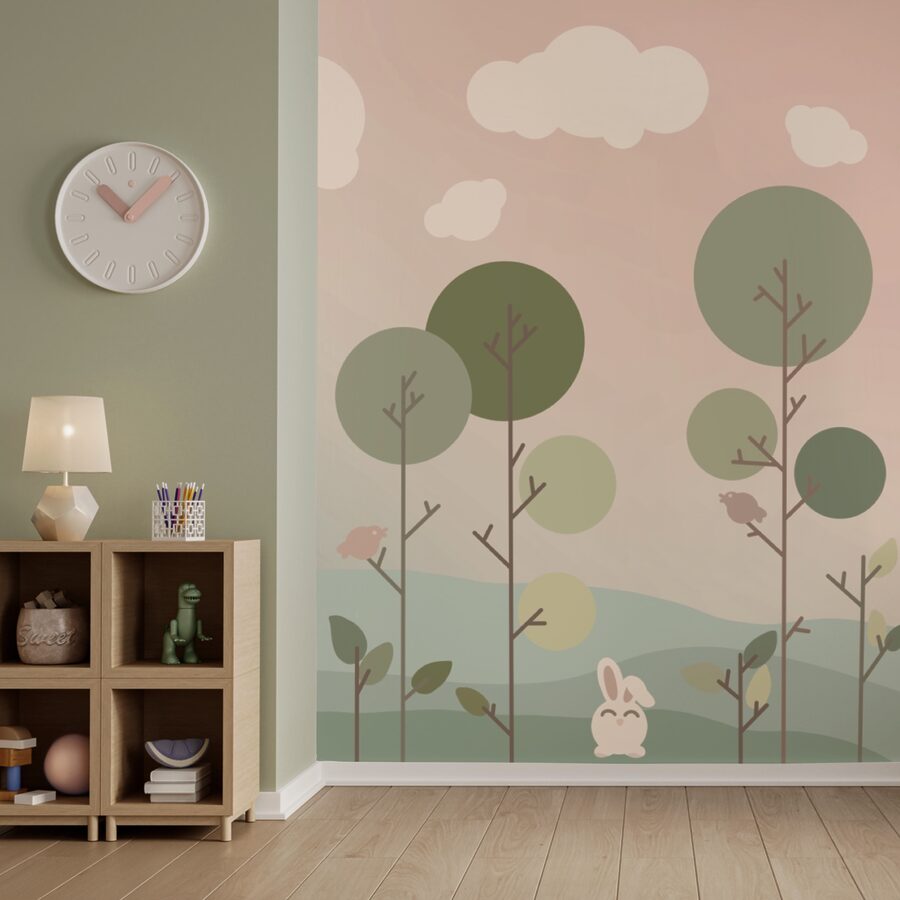 Groupe de lapins et d'arbres