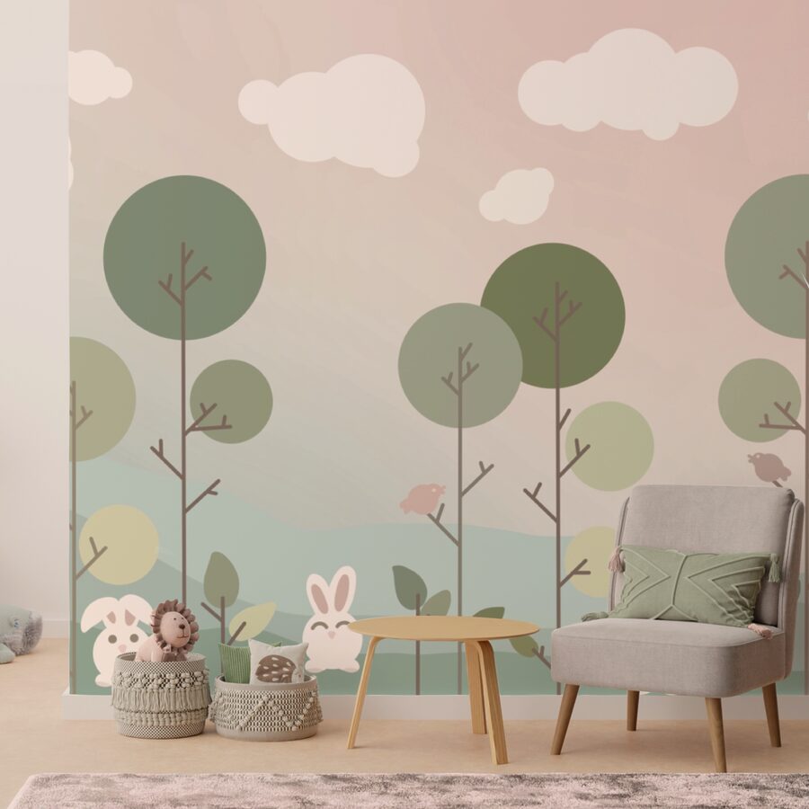 Groupe de lapins et d'arbres