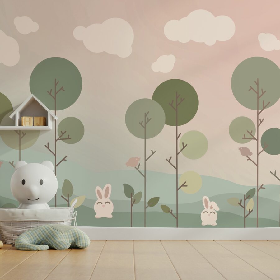 Groupe de lapins et d'arbres