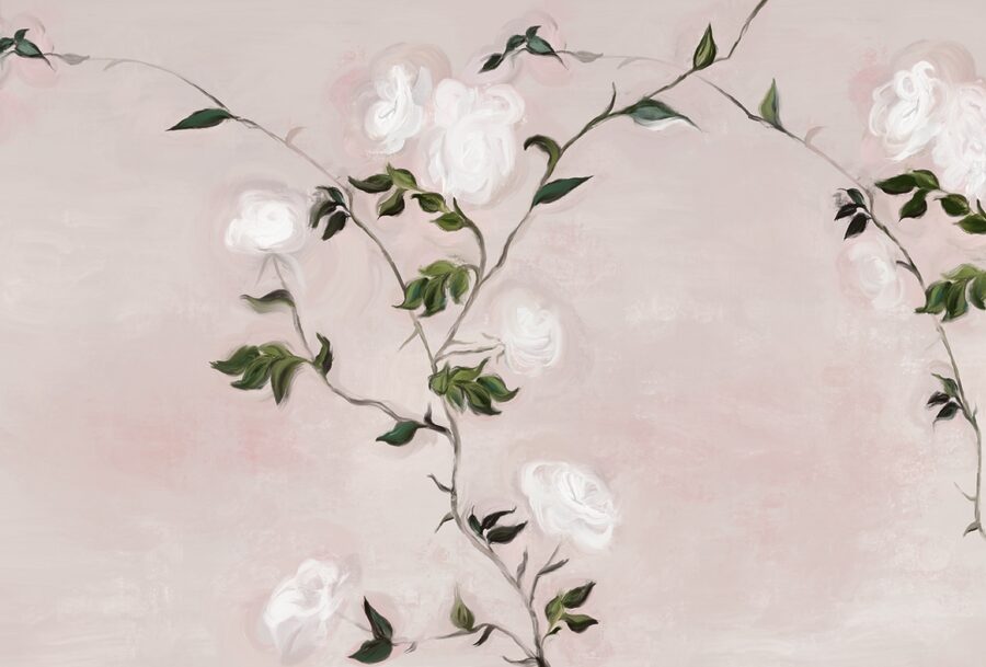 Peinture d'une branche avec des fleurs blanches et des feuilles vertes
