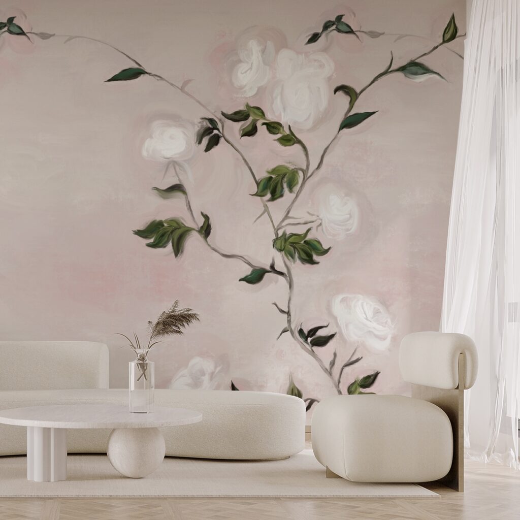 Peinture d'une branche avec des fleurs blanches et des feuilles vertes