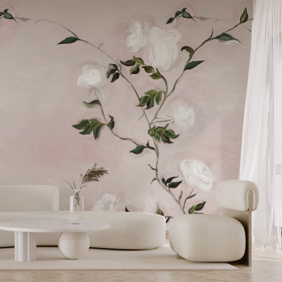 Peinture d'une branche avec des fleurs blanches et des feuilles vertes