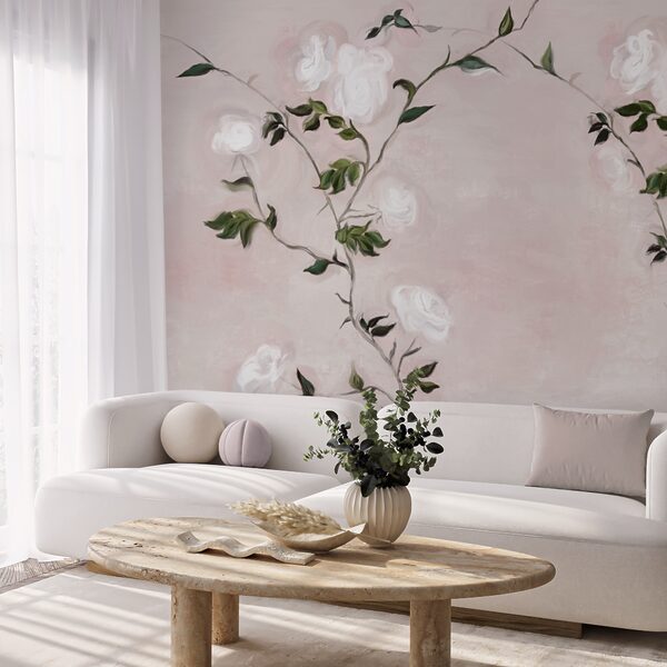 Peinture d'une branche avec des fleurs blanches et des feuilles vertes Peinture d'une branche avec des fleurs blanches et des feuilles vertes