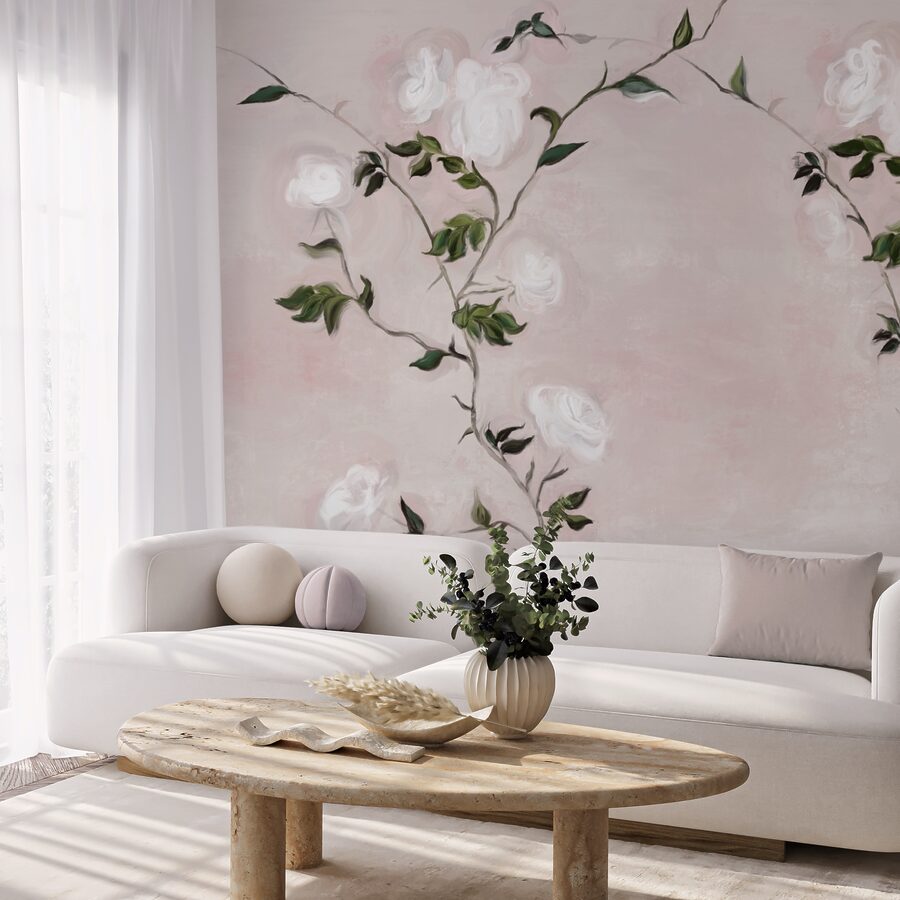 Peinture d'une branche avec des fleurs blanches et des feuilles vertes