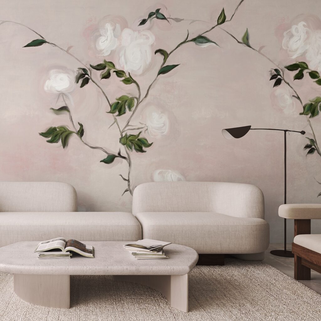 Peinture d'une branche avec des fleurs blanches et des feuilles vertes