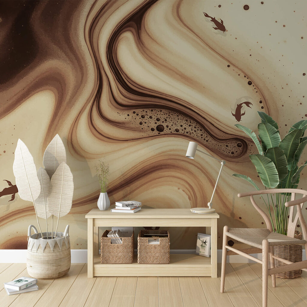 Vagues marron et blanches tourbillonnantes avec silhouettes de poissons