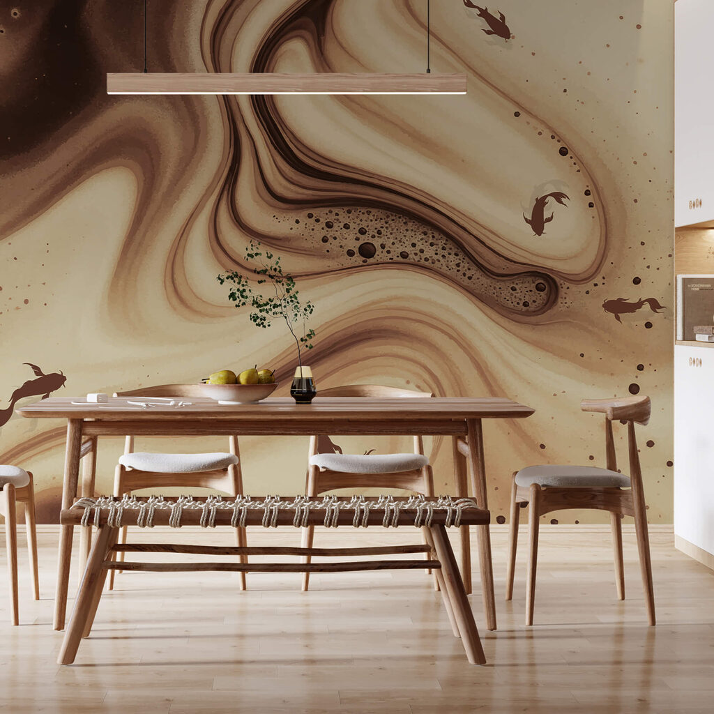 Vagues marron et blanches tourbillonnantes avec silhouettes de poissons