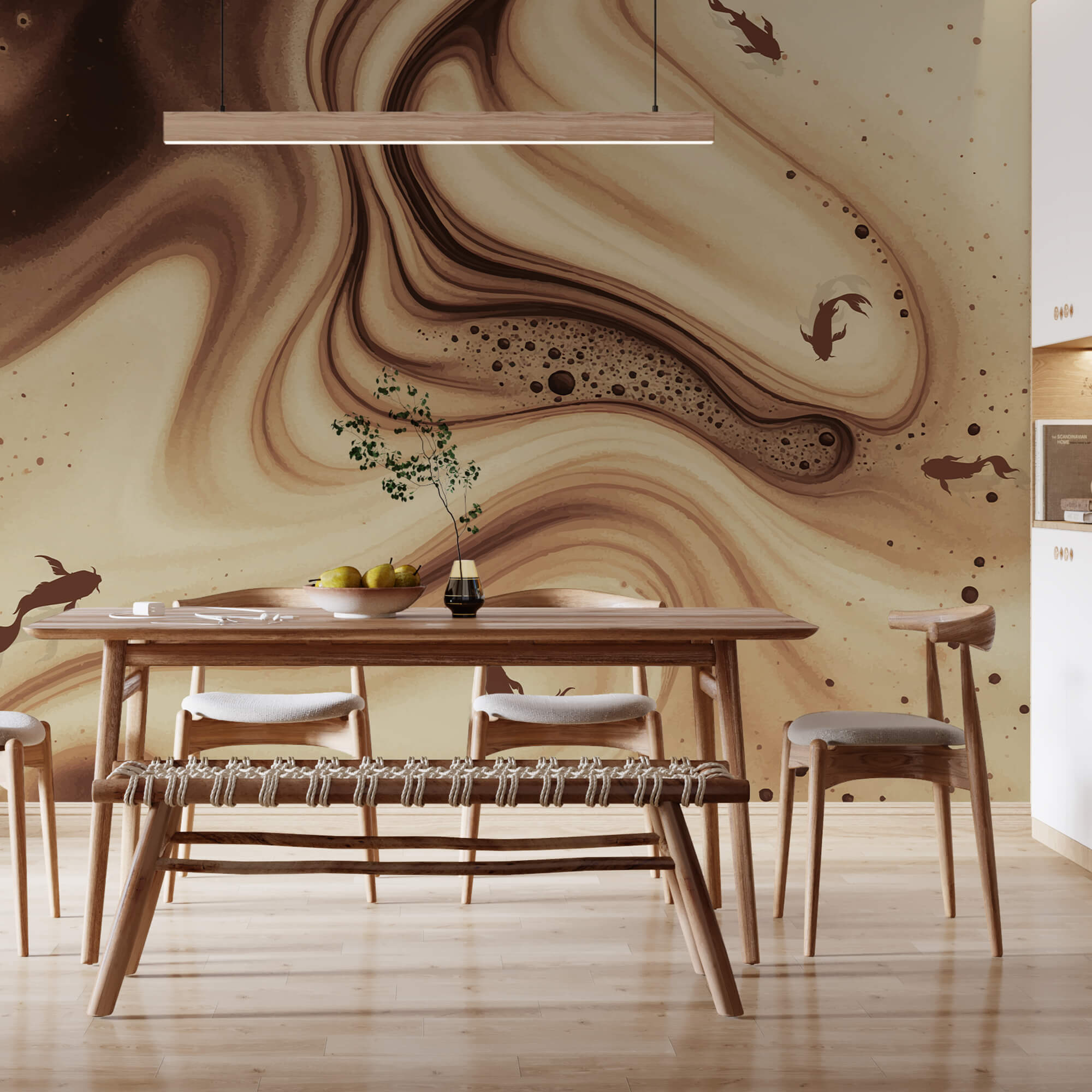 Vagues marron et blanches tourbillonnantes avec silhouettes de poissons