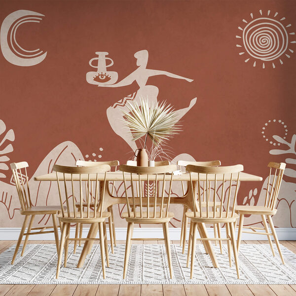 Papier peint Papier peint Dessin d'un homme tenant un pot et d'un pot sur une montagne (UGS : t00233)