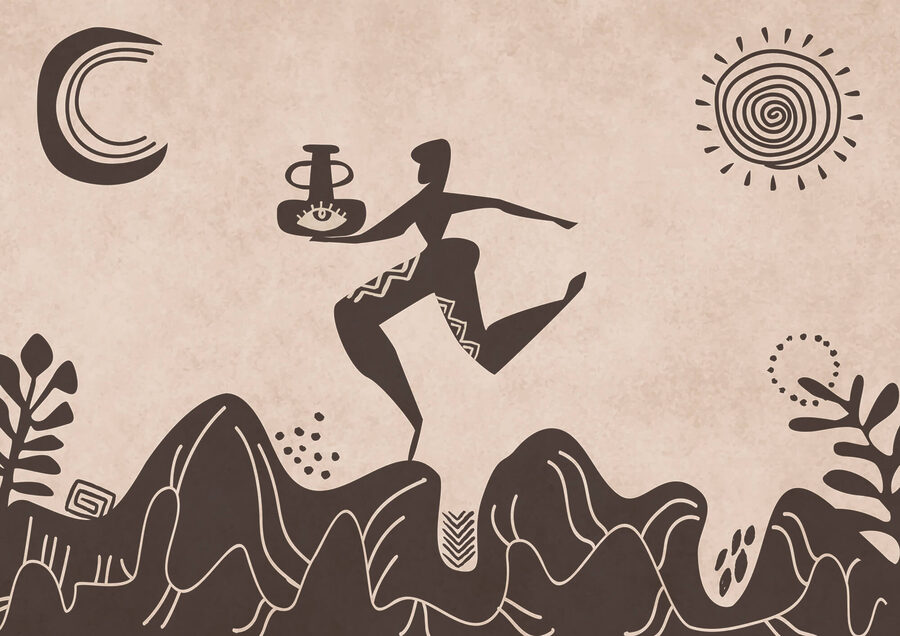 Dessin d'un homme tenant un pot et d'un pot sur une montagne