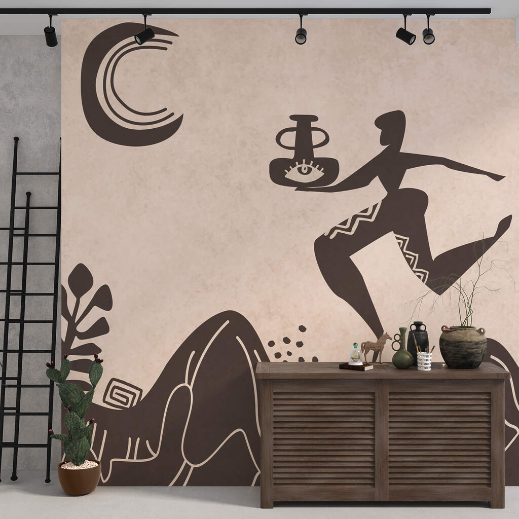 Dessin d'un homme tenant un pot et d'un pot sur une montagne