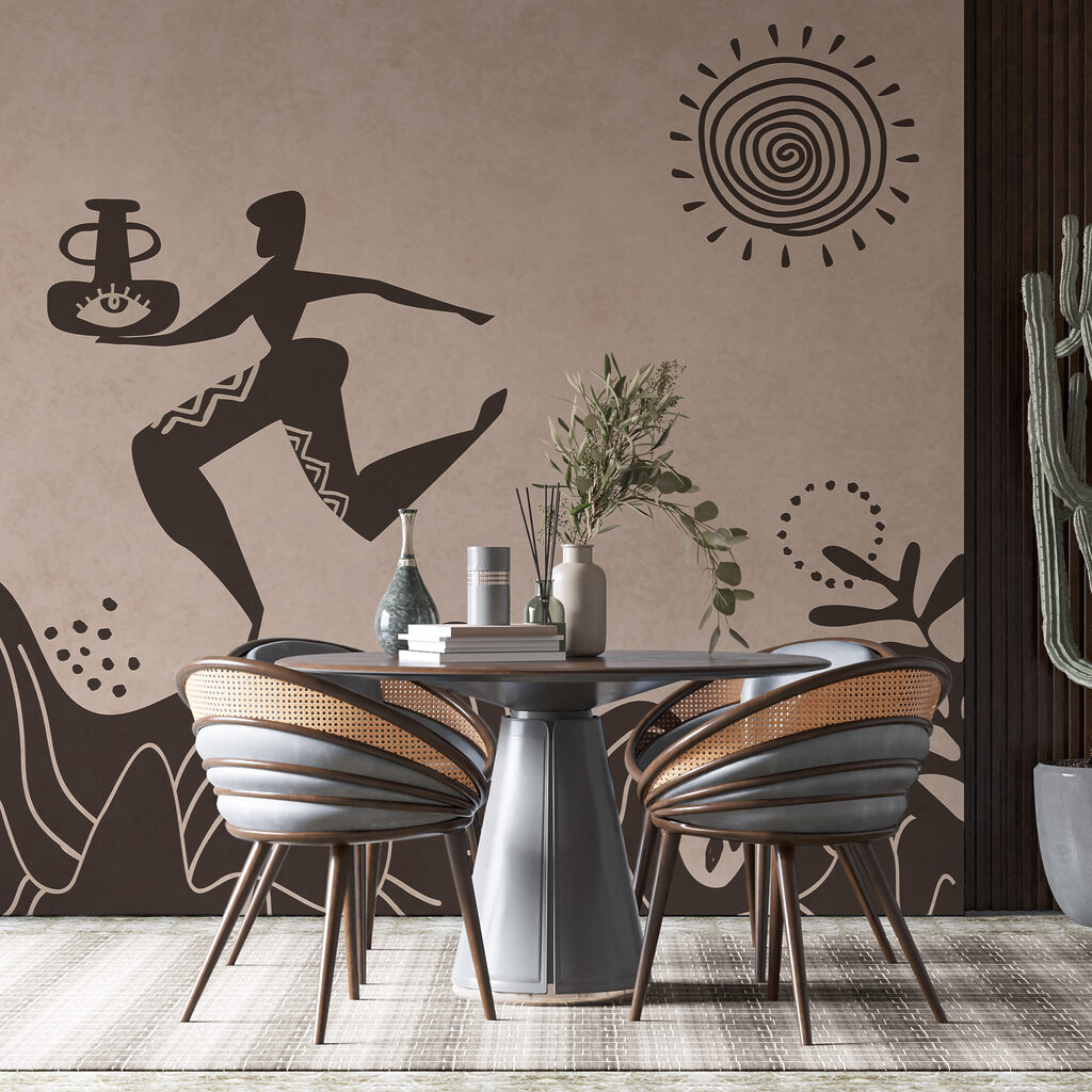 Dessin d'un homme tenant un pot et d'un pot sur une montagne