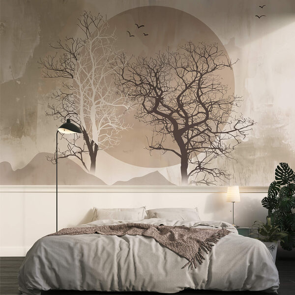 Papier peint Papier peint Peinture d'arbres et d'un soleil (UGS : t00243)