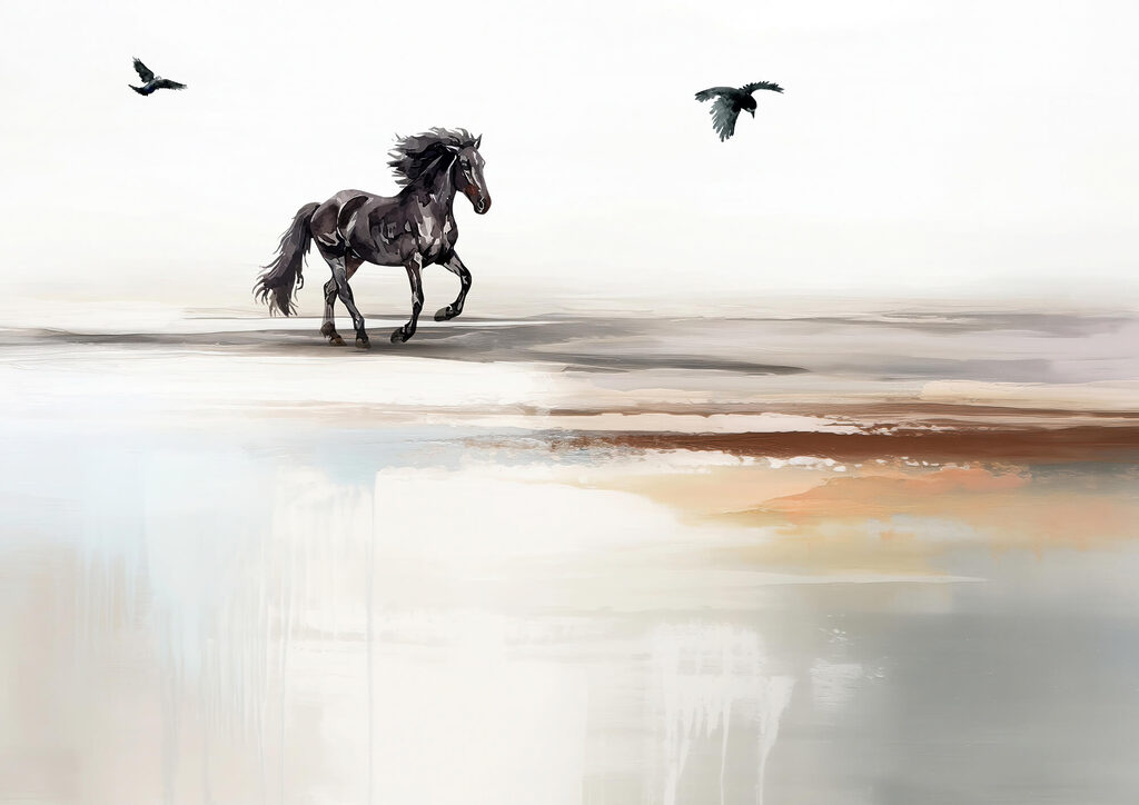 Peinture d'un cheval courant sur une plage avec des oiseaux en vol Peinture d'un cheval courant sur une plage avec des oiseaux en vol