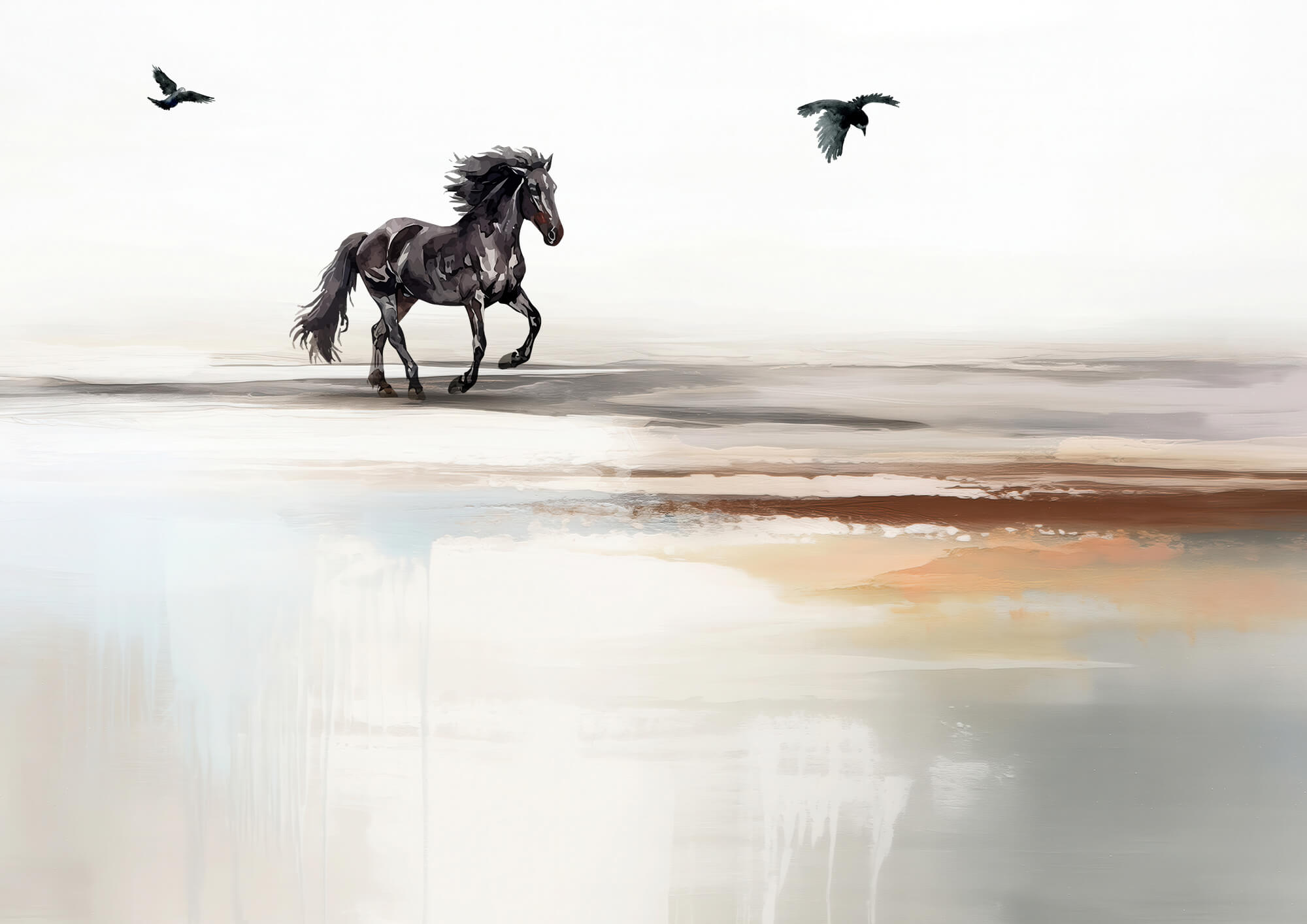 Painting of a horse running on a beach with birds flying