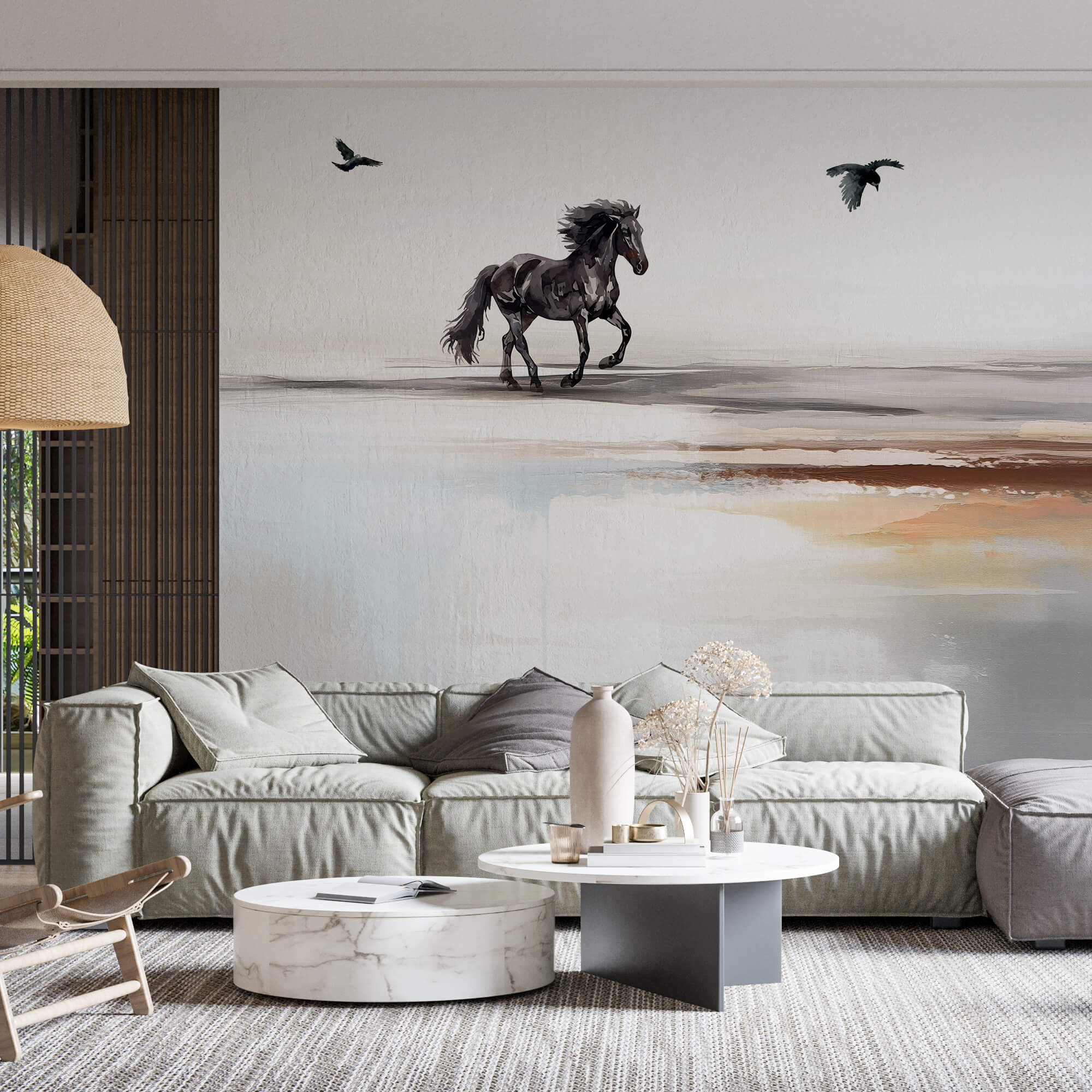Peinture d'un cheval courant sur une plage avec des oiseaux en vol