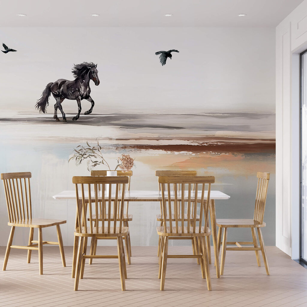 Peinture d'un cheval courant sur une plage avec des oiseaux en vol