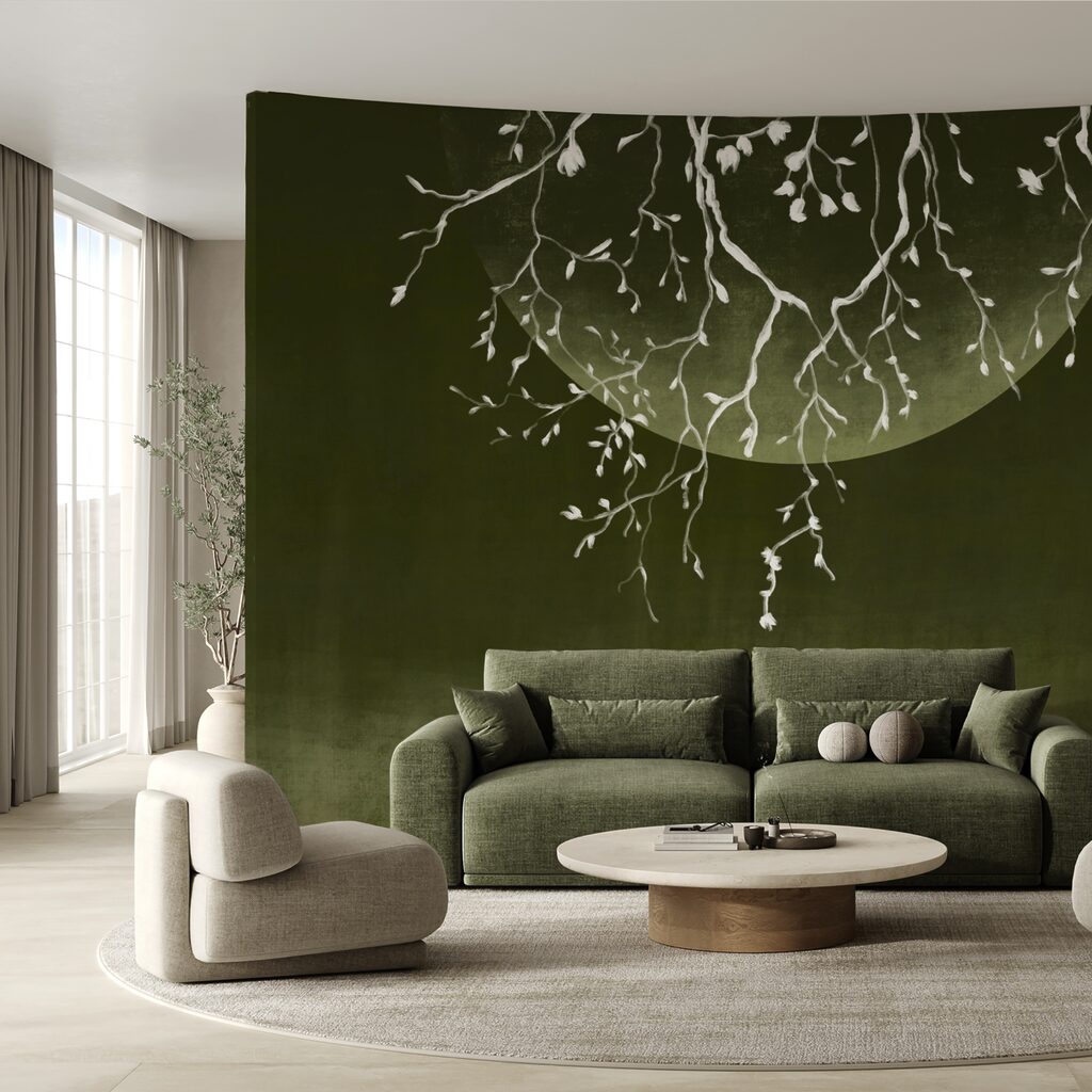 Branches d'arbre avec feuilles et lune