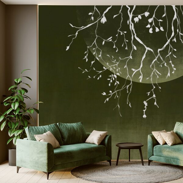 Branches d'arbre avec feuilles et lune