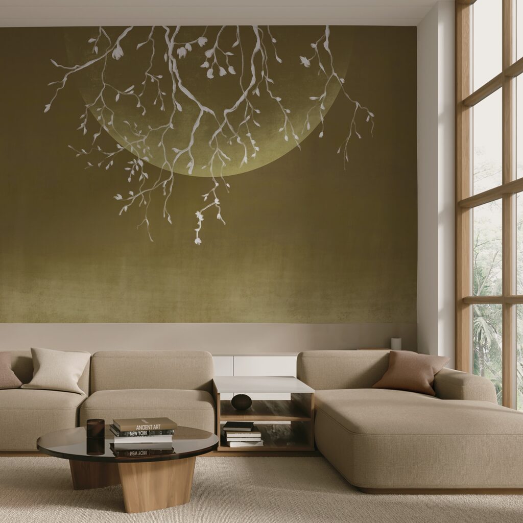 Branches d'arbre avec feuilles et lune Branches d'arbre avec feuilles et lune