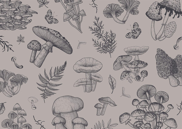 Pattern of mushrooms and leaves