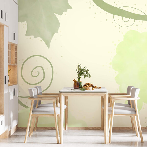 Feuilles vertes et volutes sur fond blanc