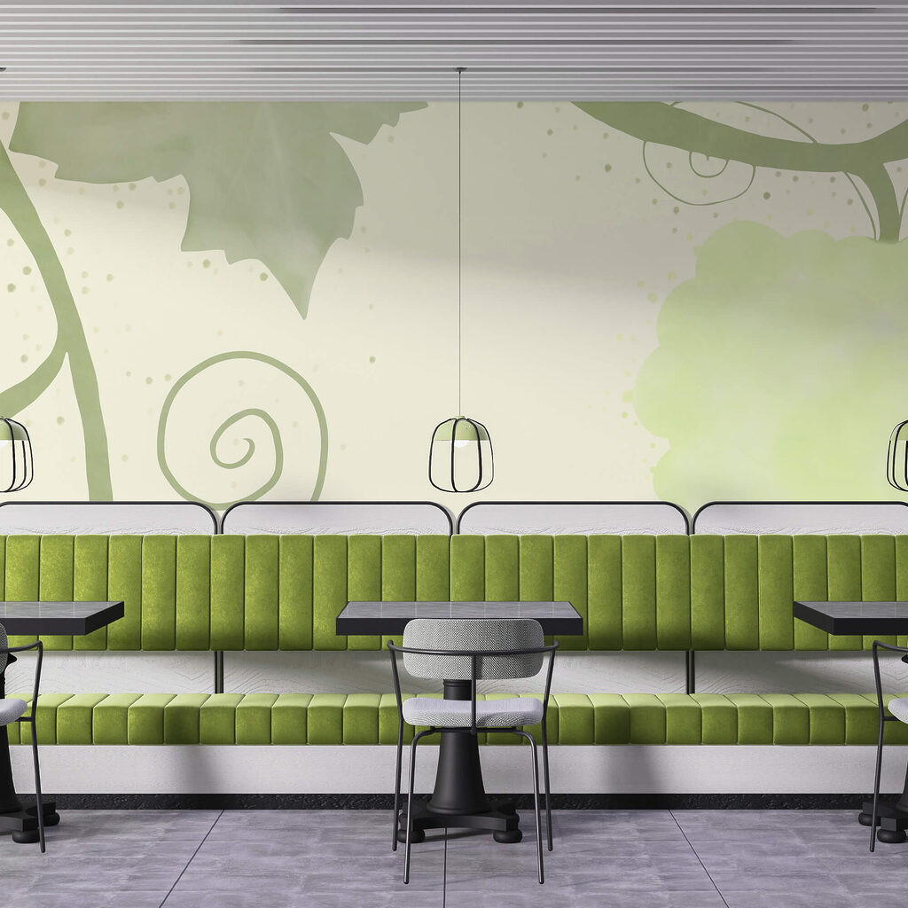 Feuilles vertes et volutes sur fond blanc