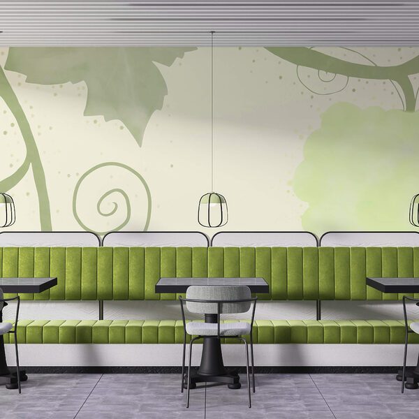 Feuilles vertes et volutes sur fond blanc