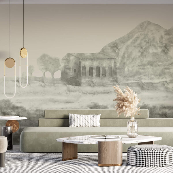 Dessin d'un bâtiment et d'une montagne