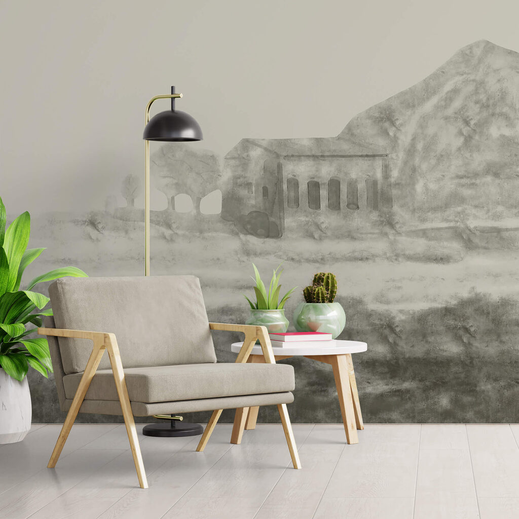 Dessin d'un bâtiment et d'une montagne