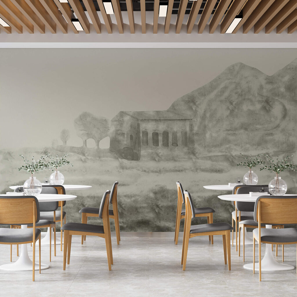 Dessin d'un bâtiment et d'une montagne