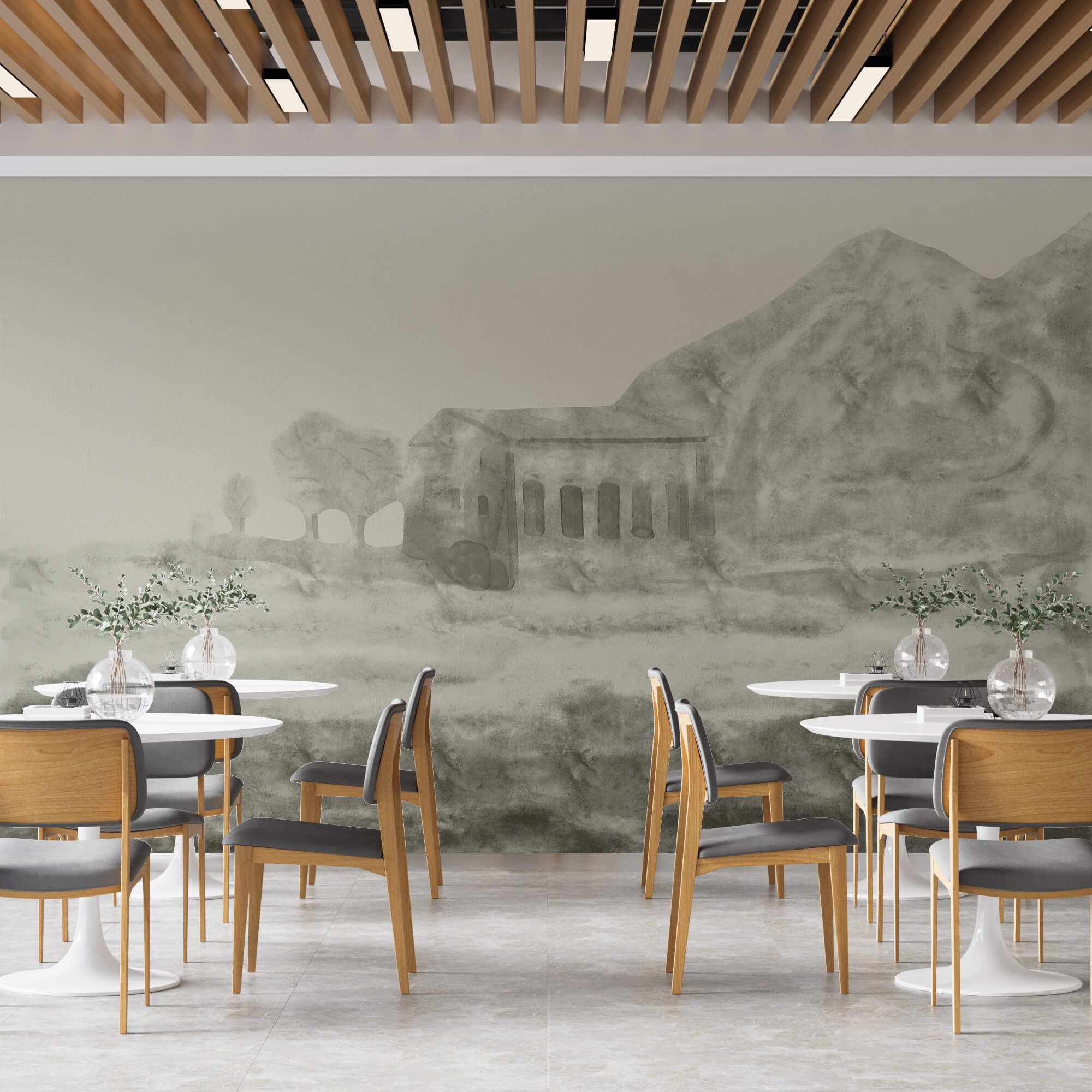 Dessin d'un bâtiment et d'une montagne