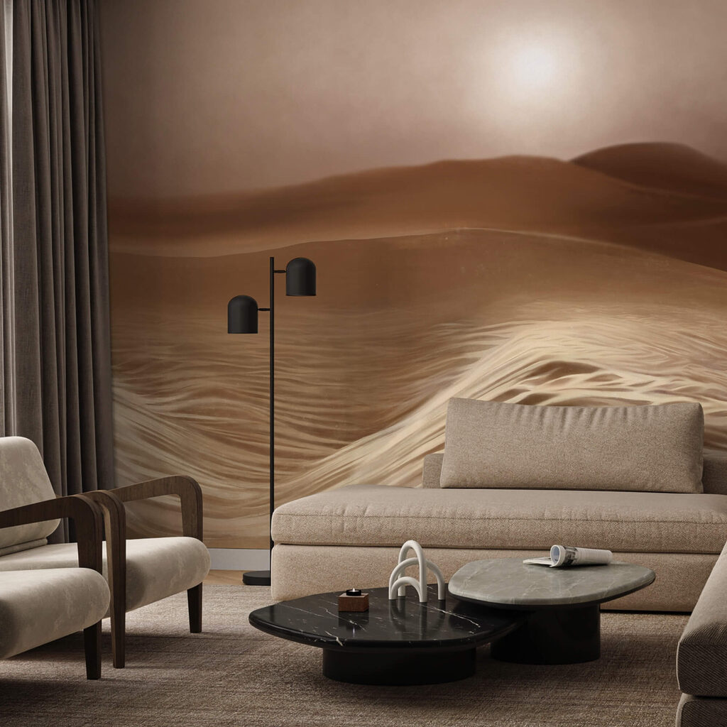 Désert avec des vagues et un soleil