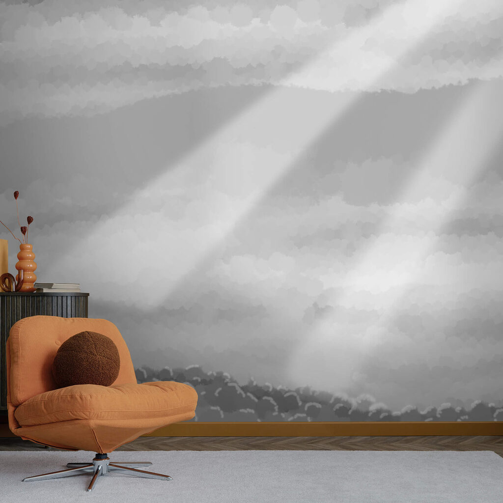 Image en niveaux de gris représentant des nuages et des rayons de soleil