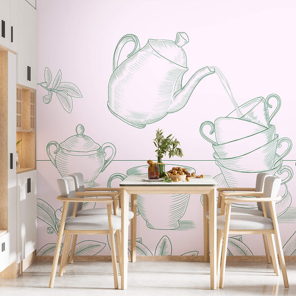 Théière versant du thé dans une pile de tasses à thé Théière versant du thé dans une pile de tasses à thé