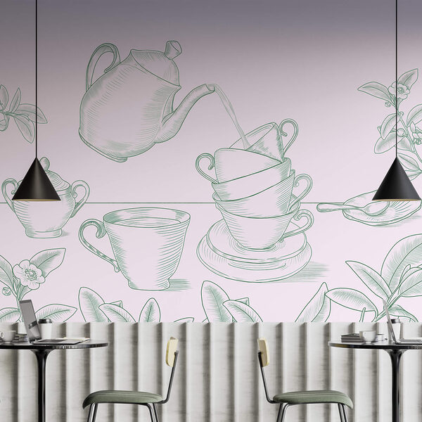 Théière versant du thé dans une pile de tasses à thé Théière versant du thé dans une pile de tasses à thé