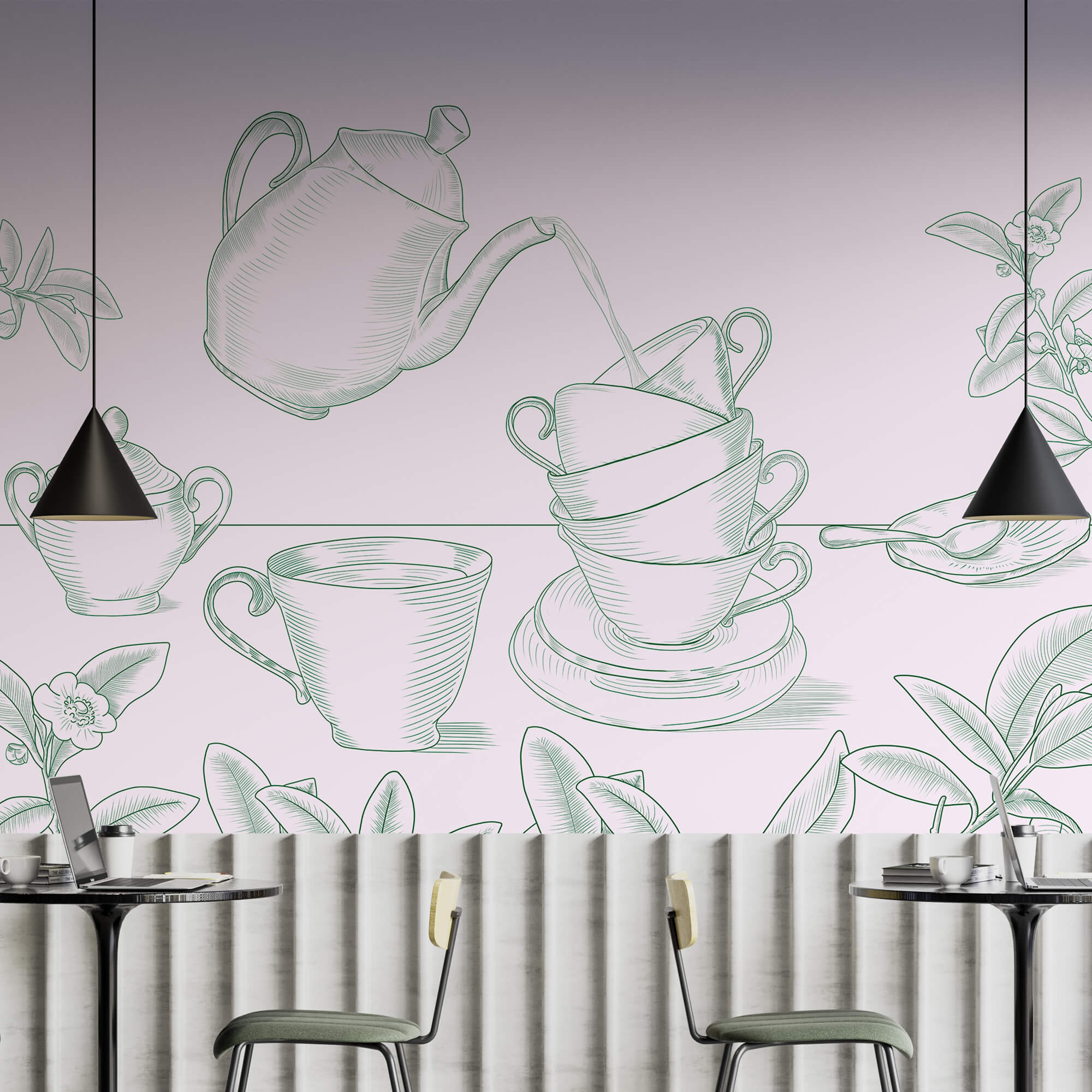 Théière versant du thé dans une pile de tasses à thé Théière versant du thé dans une pile de tasses à thé